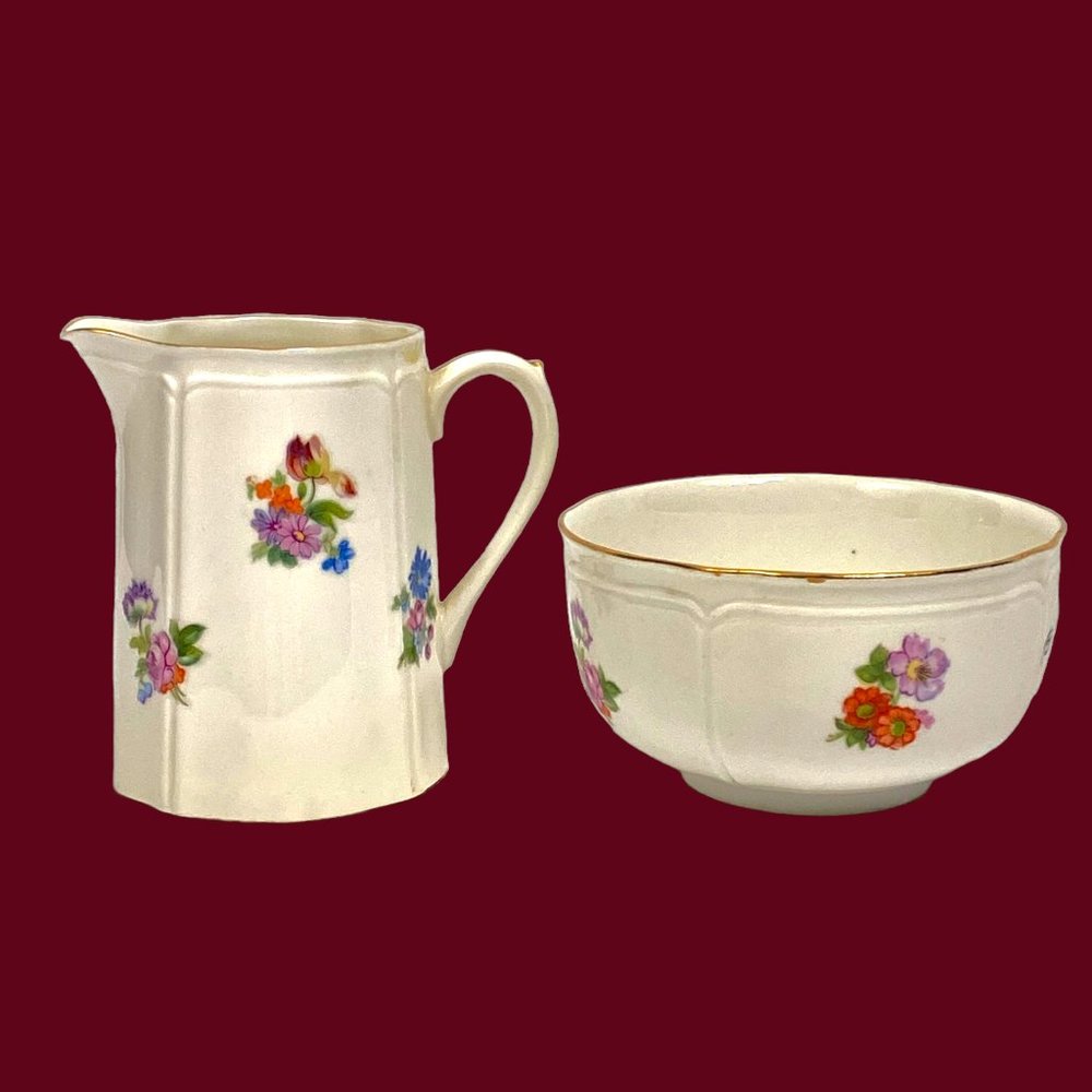 Vintage Shelton Creamer Floral Cup Pitcher Sugar Bowl Japan gold gilt trim set